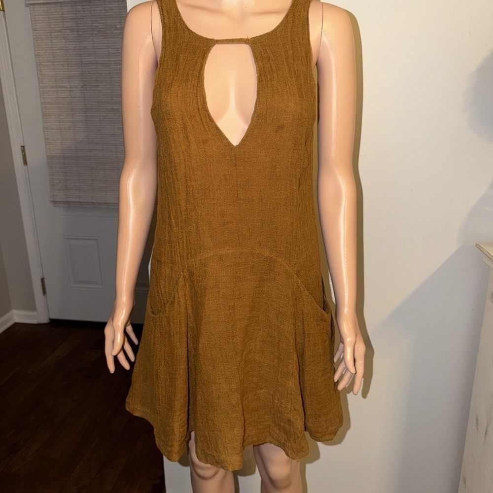 Free People Mini Sleeveless Dress Women Sz XS Brown Pockets 100%Linen Festival